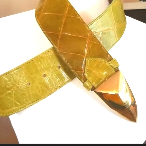Vintage Accessories - 80's Vtg Leather Mod Brass Buckle Olive Pea Green 2.5" Waist BELT by DETAILS usa